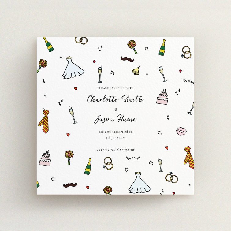A wedding save the date template titled "Matrimonial Doodles". It is a square (148mm x 148mm) save the date in a square orientation. "Matrimonial Doodles" is available as a flat save the date, with tones of white and green.