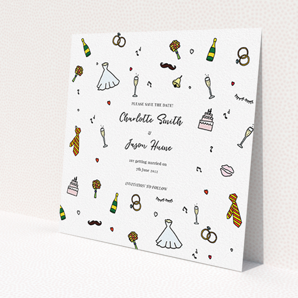 A wedding save the date template titled "Matrimonial Doodles". It is a square (148mm x 148mm) save the date in a square orientation. "Matrimonial Doodles" is available as a flat save the date, with tones of white and green.