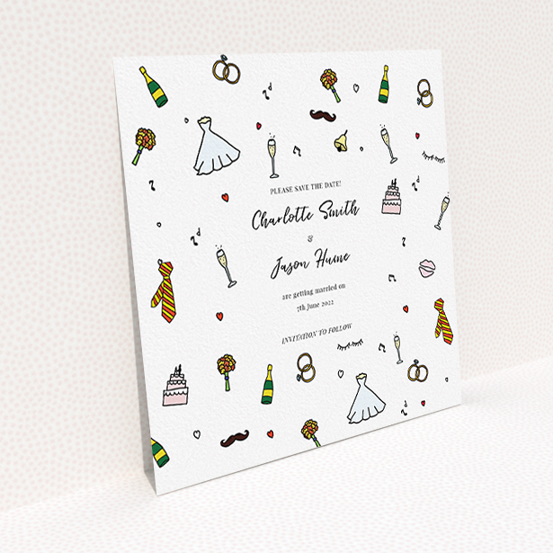 A wedding save the date template titled "Matrimonial Doodles". It is a square (148mm x 148mm) save the date in a square orientation. "Matrimonial Doodles" is available as a flat save the date, with tones of white and green.
