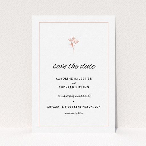 A wedding save the date named "My little daisy". It is an A5 save the date in a portrait orientation. "My little daisy" is available as a flat save the date, with tones of white and pink.