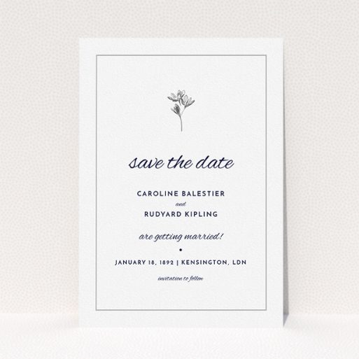 A wedding save the date called "My little daisy". It is an A5 save the date in a portrait orientation. "My little daisy" is available as a flat save the date, with tones of white and Dark grey.