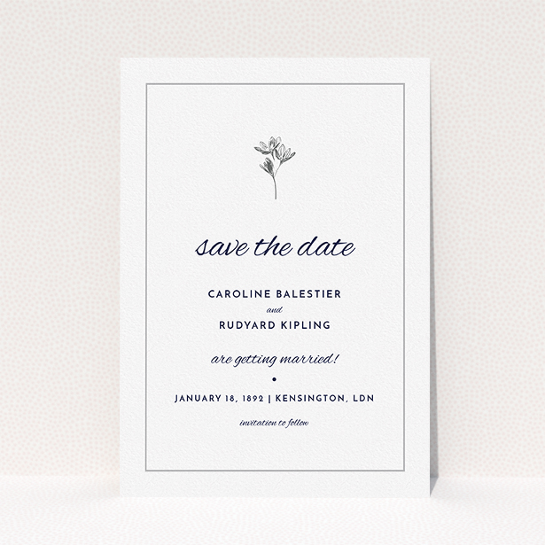 A wedding save the date called "My little daisy". It is an A5 save the date in a portrait orientation. "My little daisy" is available as a flat save the date, with tones of white and Dark grey.