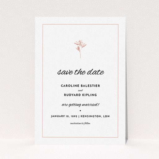 A wedding save the date called "My little daisy". It is an A6 save the date in a portrait orientation. "My little daisy" is available as a flat save the date, with tones of white and pink.