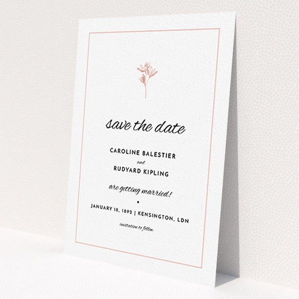 A wedding save the date called "My little daisy". It is an A6 save the date in a portrait orientation. "My little daisy" is available as a flat save the date, with tones of white and pink.