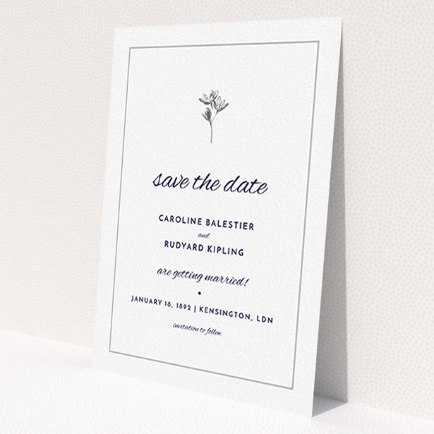 A wedding save the date design called "My little daisy". It is an A6 save the date in a portrait orientation. "My little daisy" is available as a flat save the date, with tones of white and Dark grey.