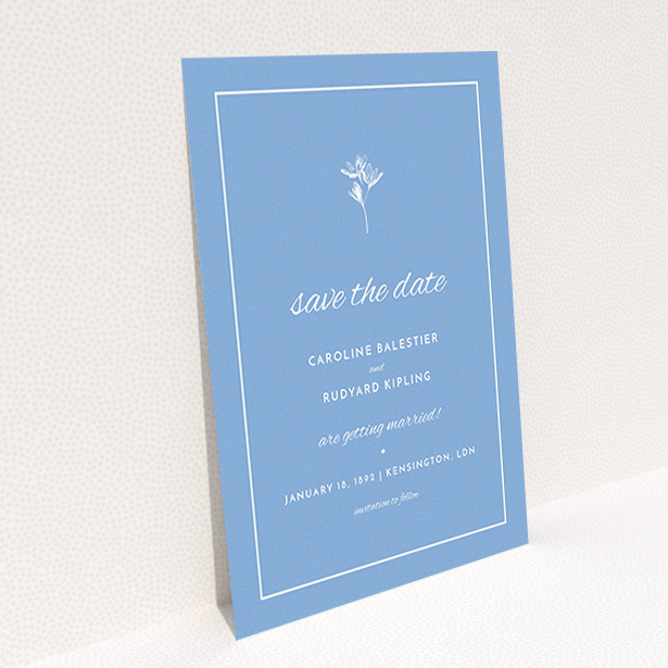 A wedding save the date design titled "My little daisy". It is an A6 save the date in a portrait orientation. "My little daisy" is available as a flat save the date, with tones of blue and white.