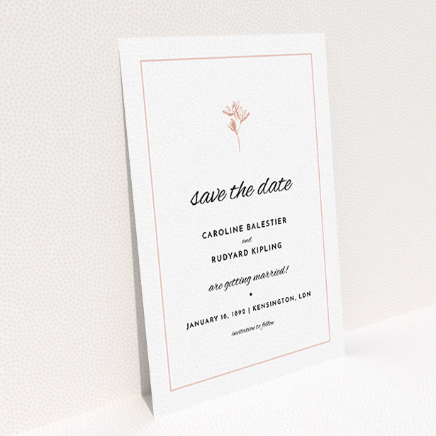 A wedding save the date called "My little daisy". It is an A6 save the date in a portrait orientation. "My little daisy" is available as a flat save the date, with tones of white and pink.