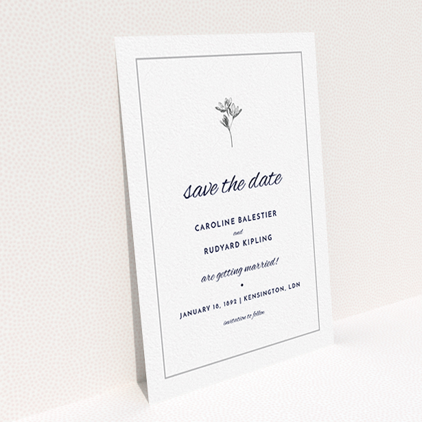 A wedding save the date design called "My little daisy". It is an A6 save the date in a portrait orientation. "My little daisy" is available as a flat save the date, with tones of white and Dark grey.