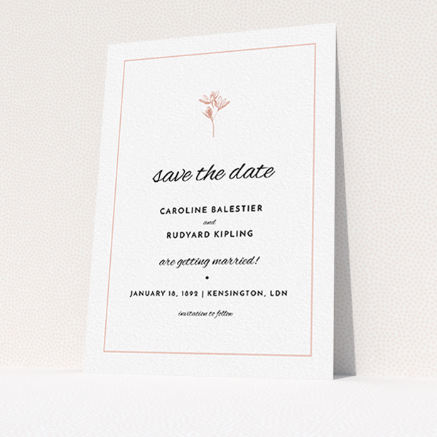 A wedding save the date called "My little daisy". It is an A6 save the date in a portrait orientation. "My little daisy" is available as a flat save the date, with tones of white and pink.