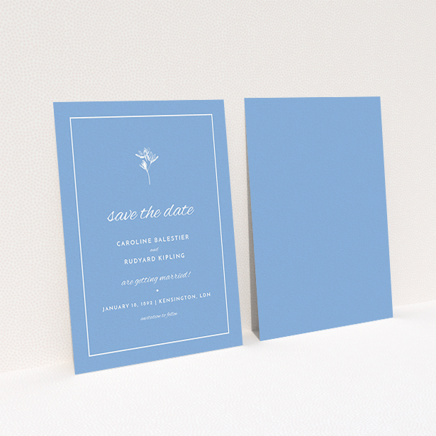 A wedding save the date design titled "My little daisy". It is an A6 save the date in a portrait orientation. "My little daisy" is available as a flat save the date, with tones of blue and white.