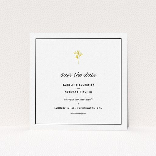 A wedding save the date design called "My little daisy". It is a square (148mm x 148mm) save the date in a square orientation. "My little daisy" is available as a flat save the date, with mainly gold colouring.