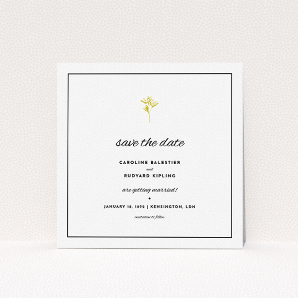 A wedding save the date design called "My little daisy". It is a square (148mm x 148mm) save the date in a square orientation. "My little daisy" is available as a flat save the date, with mainly gold colouring.