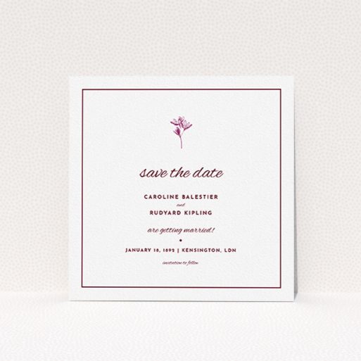 A wedding save the date called "My little daisy". It is a square (148mm x 148mm) save the date in a square orientation. "My little daisy" is available as a flat save the date, with tones of white and burgundy.