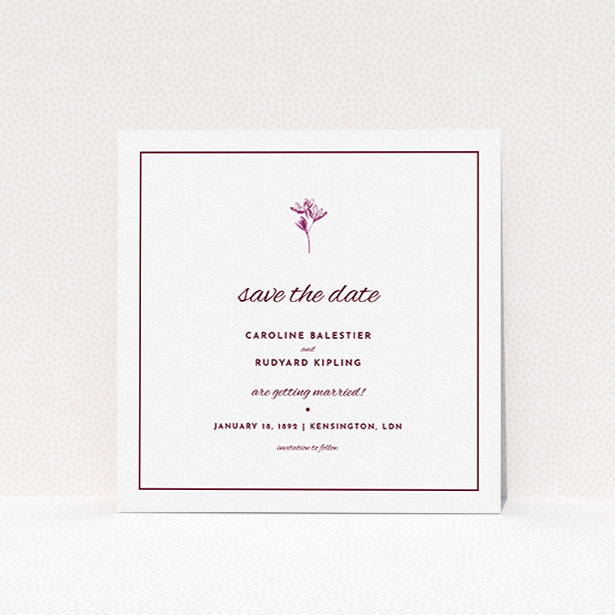 A wedding save the date called "My little daisy". It is a square (148mm x 148mm) save the date in a square orientation. "My little daisy" is available as a flat save the date, with tones of white and burgundy.