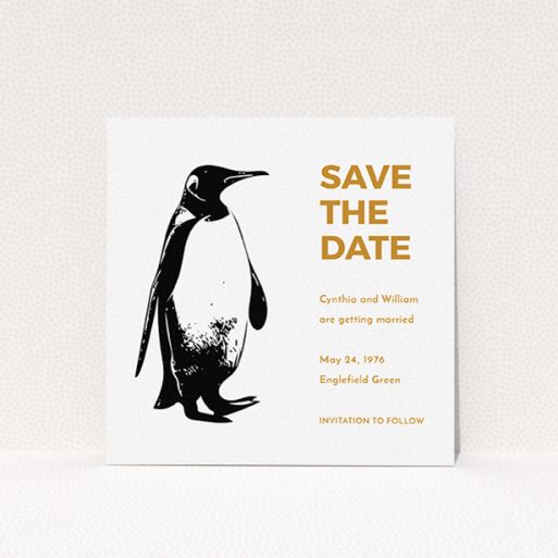 A wedding save the date design named "My little penguin". It is a square (148mm x 148mm) save the date in a square orientation. "My little penguin" is available as a flat save the date, with tones of gold and white.