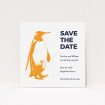 A wedding save the date design named "My little penguin". It is a square (148mm x 148mm) save the date in a square orientation. "My little penguin" is available as a flat save the date, with tones of orange and blue.
