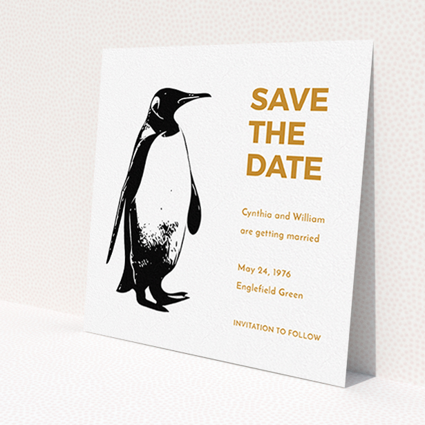 A wedding save the date design named 'My little penguin'. It is a square (148mm x 148mm) save the date in a square orientation. 'My little penguin' is available as a flat save the date, with tones of gold and white.