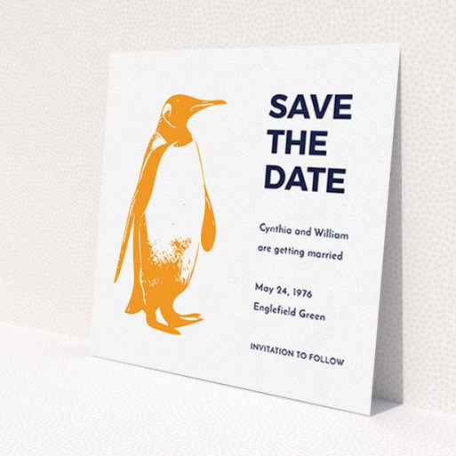 A wedding save the date design named 'My little penguin'. It is a square (148mm x 148mm) save the date in a square orientation. 'My little penguin' is available as a flat save the date, with tones of orange and blue.