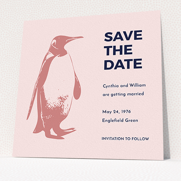 A wedding save the date design named "My little penguin". It is a square (148mm x 148mm) save the date in a square orientation. "My little penguin" is available as a flat save the date, with tones of navy blue and pink.