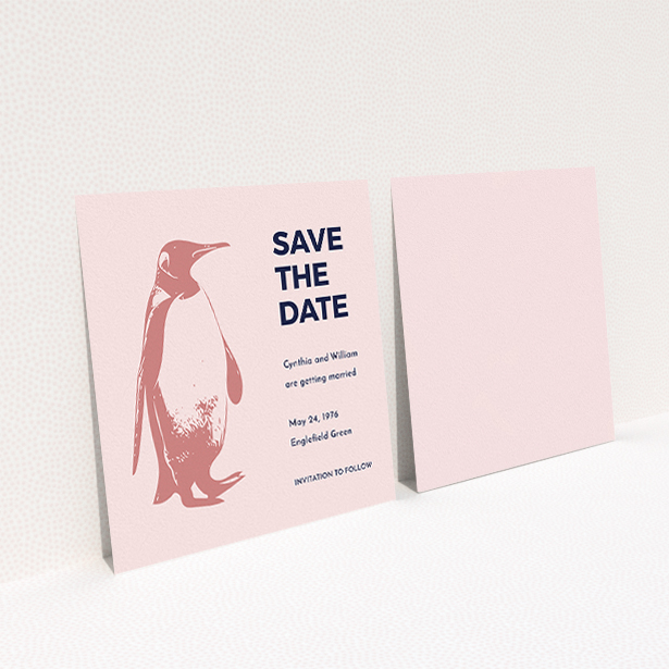 A wedding save the date design named "My little penguin". It is a square (148mm x 148mm) save the date in a square orientation. "My little penguin" is available as a flat save the date, with tones of navy blue and pink.