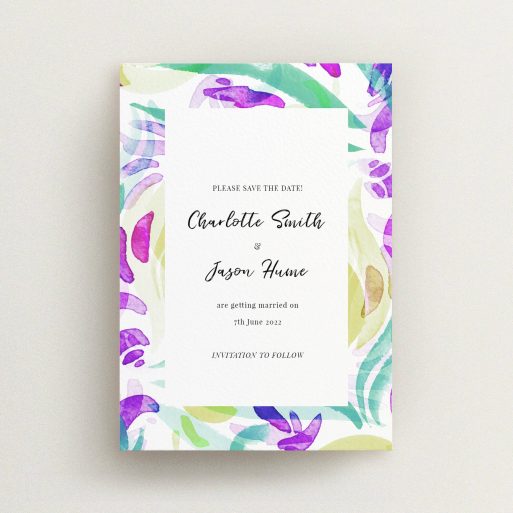 A wedding save the date design called "Neon Florals". It is an A6 save the date in a portrait orientation. "Neon Florals" is available as a flat save the date, with tones of white and green.