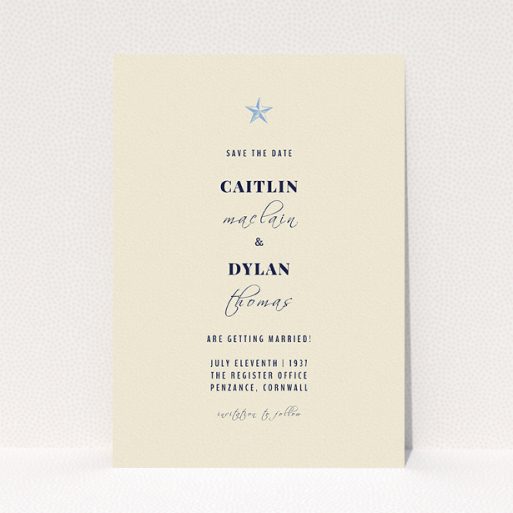 A wedding save the date design named "North Star". It is an A5 save the date in a portrait orientation. "North Star" is available as a flat save the date, with mainly dark cream colouring.