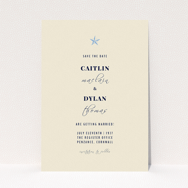 A wedding save the date design named "North Star". It is an A5 save the date in a portrait orientation. "North Star" is available as a flat save the date, with mainly dark cream colouring.