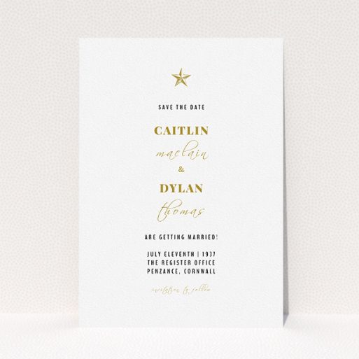 A wedding save the date design called "North Star". It is an A5 save the date in a portrait orientation. "North Star" is available as a flat save the date, with tones of white and gold.