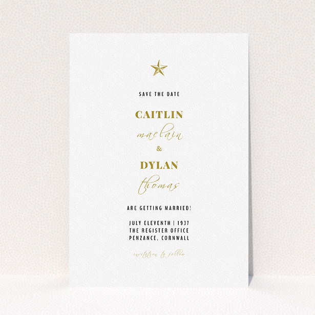 A wedding save the date design called "North Star". It is an A5 save the date in a portrait orientation. "North Star" is available as a flat save the date, with tones of white and gold.
