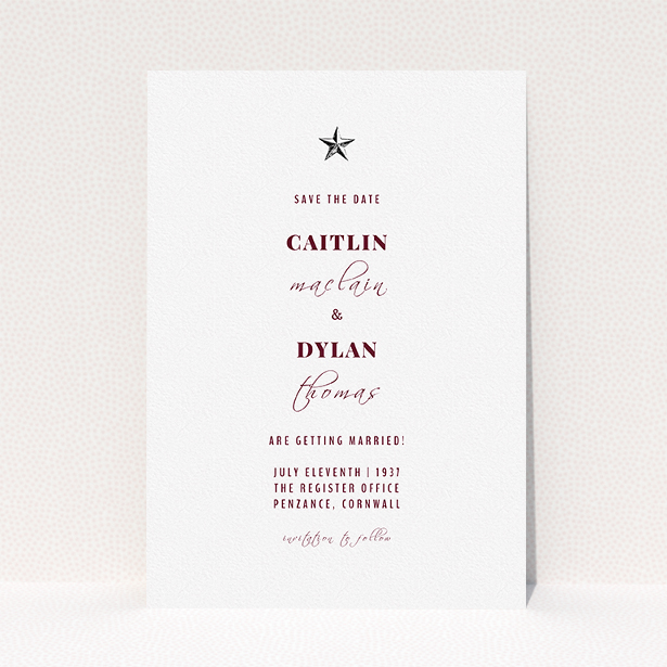 A wedding save the date design titled "North Star". It is an A5 save the date in a portrait orientation. "North Star" is available as a flat save the date, with tones of white and burgundy.