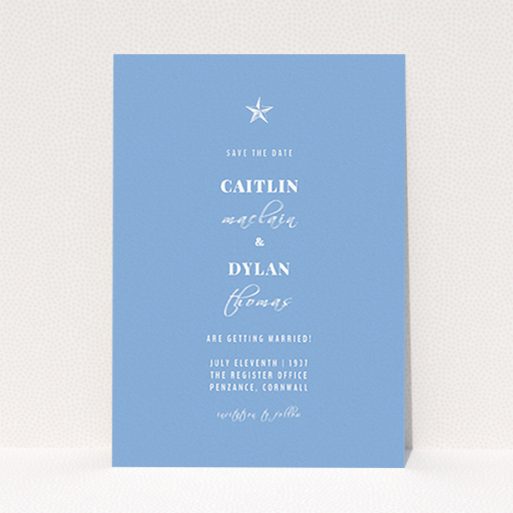 A wedding save the date design called "North Star". It is an A6 save the date in a portrait orientation. "North Star" is available as a flat save the date, with tones of blue and white.