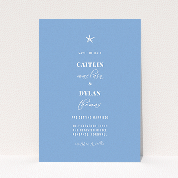 A wedding save the date design called "North Star". It is an A6 save the date in a portrait orientation. "North Star" is available as a flat save the date, with tones of blue and white.