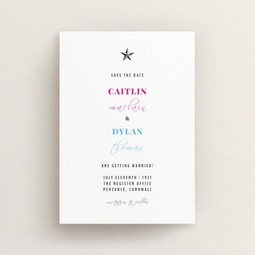A wedding save the date template titled "North Star". It is an A6 save the date in a portrait orientation. "North Star" is available as a flat save the date, with mainly white colouring.
