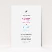 A wedding save the date template titled "North Star". It is an A6 save the date in a portrait orientation. "North Star" is available as a flat save the date, with mainly white colouring.