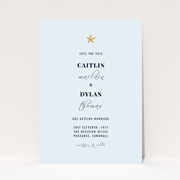 A wedding save the date named "North Star". It is an A6 save the date in a portrait orientation. "North Star" is available as a flat save the date, with mainly white colouring.