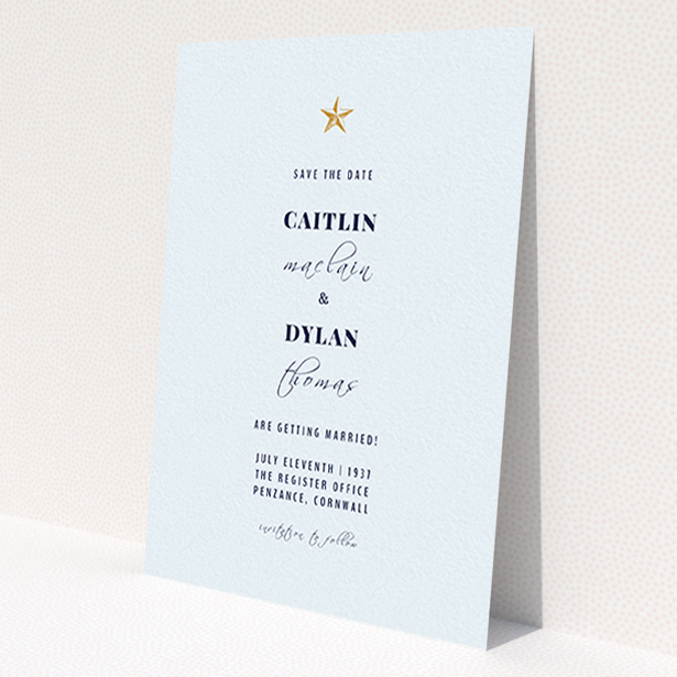 A wedding save the date named "North Star". It is an A6 save the date in a portrait orientation. "North Star" is available as a flat save the date, with mainly white colouring.