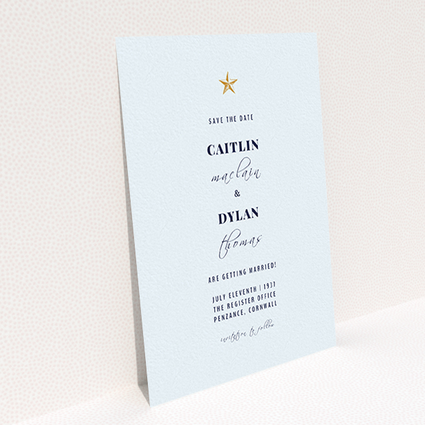A wedding save the date named "North Star". It is an A6 save the date in a portrait orientation. "North Star" is available as a flat save the date, with mainly white colouring.