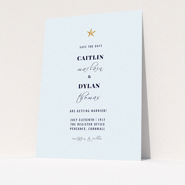 A wedding save the date named "North Star". It is an A6 save the date in a portrait orientation. "North Star" is available as a flat save the date, with mainly white colouring.