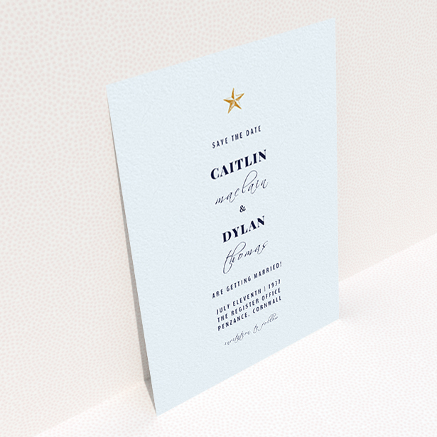 A wedding save the date named "North Star". It is an A6 save the date in a portrait orientation. "North Star" is available as a flat save the date, with mainly white colouring.