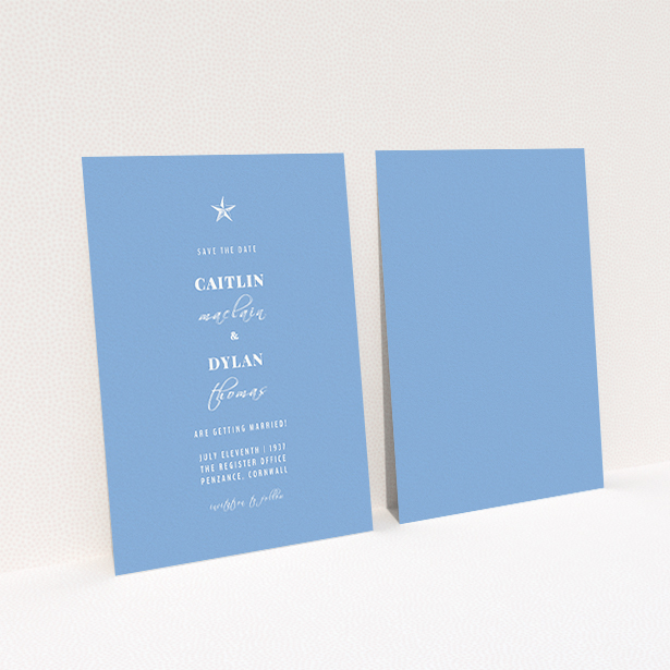 A wedding save the date design called "North Star". It is an A6 save the date in a portrait orientation. "North Star" is available as a flat save the date, with tones of blue and white.