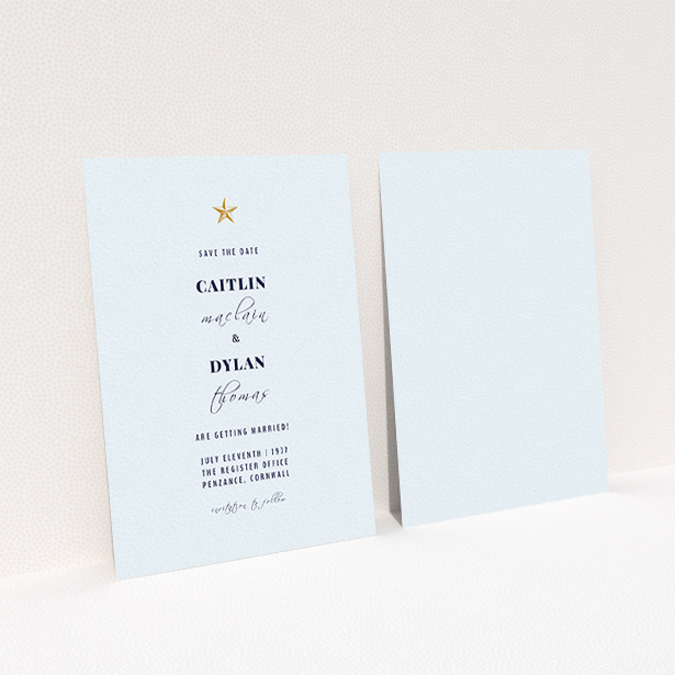 A wedding save the date named "North Star". It is an A6 save the date in a portrait orientation. "North Star" is available as a flat save the date, with mainly white colouring.