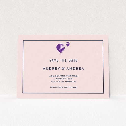 A wedding save the date design called "Off and away". It is an A5 save the date in a landscape orientation. "Off and away" is available as a flat save the date, with tones of pink, purple and midnight blue.