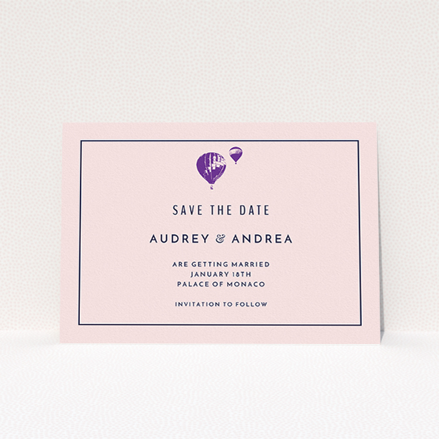 A wedding save the date design called "Off and away". It is an A5 save the date in a landscape orientation. "Off and away" is available as a flat save the date, with tones of pink, purple and midnight blue.