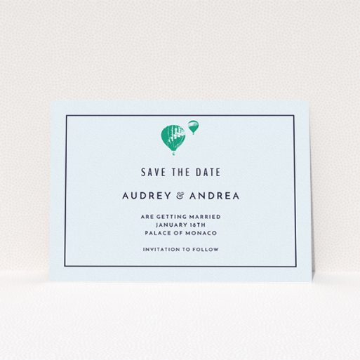 A wedding save the date design called "Off and away". It is an A5 save the date in a landscape orientation. "Off and away" is available as a flat save the date, with mainly white colouring.