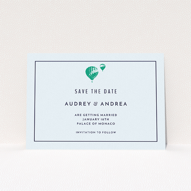 A wedding save the date design called "Off and away". It is an A5 save the date in a landscape orientation. "Off and away" is available as a flat save the date, with mainly white colouring.