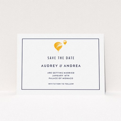 A wedding save the date called "Off and away". It is an A5 save the date in a landscape orientation. "Off and away" is available as a flat save the date, with tones of white and orange.