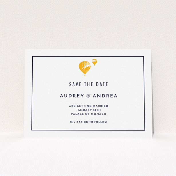 A wedding save the date called "Off and away". It is an A5 save the date in a landscape orientation. "Off and away" is available as a flat save the date, with tones of white and orange.