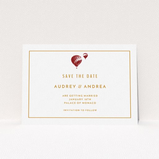 A wedding save the date called "Off and away". It is an A5 save the date in a landscape orientation. "Off and away" is available as a flat save the date, with tones of white and orange.