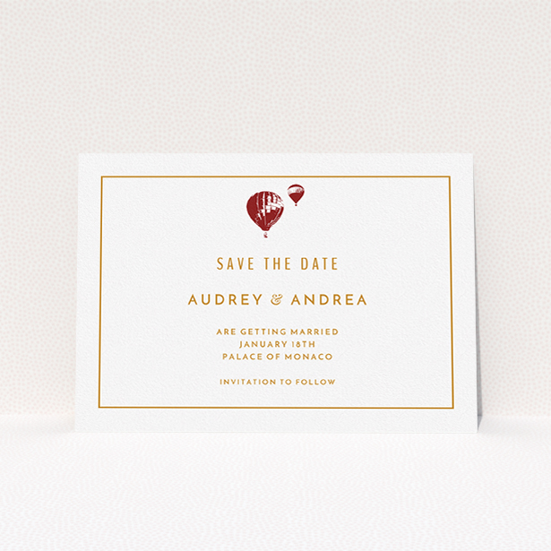A wedding save the date called "Off and away". It is an A5 save the date in a landscape orientation. "Off and away" is available as a flat save the date, with tones of white and orange.