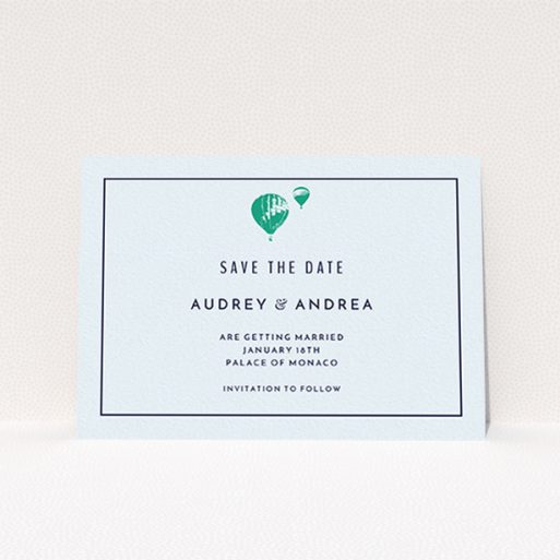 A wedding save the date template titled "Off and away". It is an A6 save the date in a landscape orientation. "Off and away" is available as a flat save the date, with mainly white colouring.